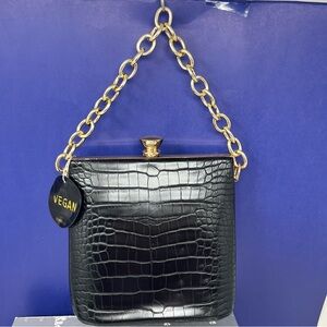 Isabelle Faux Crocodile embossed Black w/ gold tone hardware chain strap